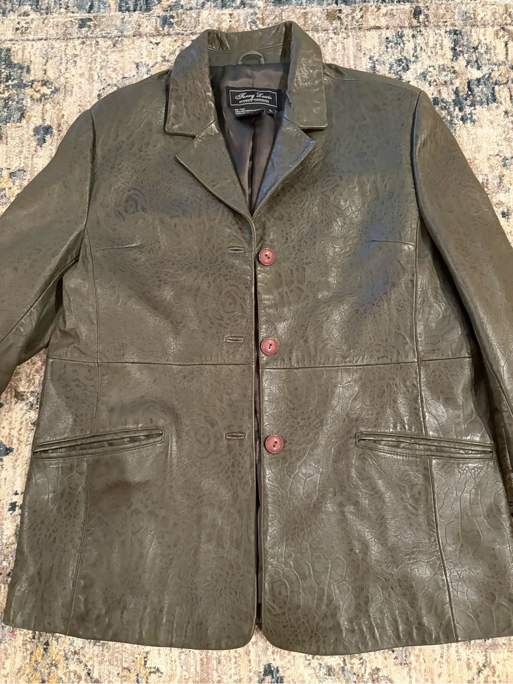 Terry Lewis 100% Genuine Leather Jacket Green Snake Print Size Large EUC
